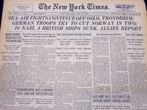 1940 APRIL 12 NEW YORK TIMES - GERMAN TROOPS TRY TO CUT NORWAY IN TWO - NT 229