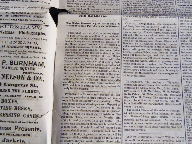 1874 DECEMBER 24 PORTLAND DAILY PRESS NEWSPAPER - THE HAMLIN OPERATIONS- NP 4179