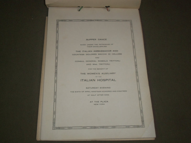 1918 APRIL 6 ITALIAN HOSPITAL BENEFIT SUPPER DANCE PROGRAM - HOTEL PLAZA- J 2678