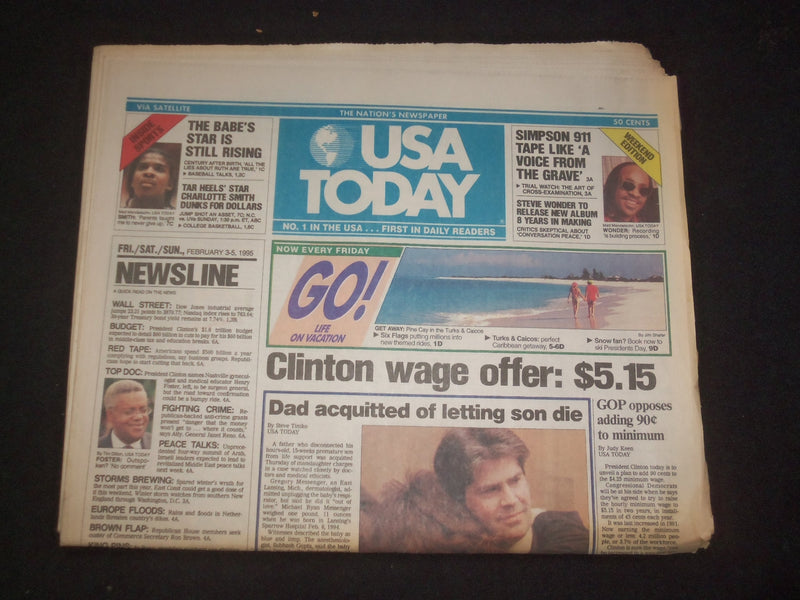 1995 FEBRUARY 3-5 USA TODAY NEWSPAPER - CLINTON WAGE OFFER: $5.15 - NP 7781