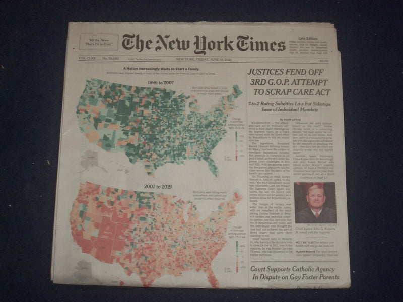 2021 JUNE 18 NEW YORK TIMES -JUSTICES FEND OFF 3RD GOP ATTEMPT TO SCRAP CARE ACT