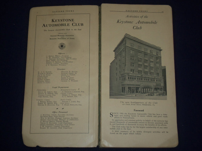 1926 EASTERN TOURS KEYSTONE AUTO CLUB PHILADELPHIA PA GUIDE W/ MAP - J 1878