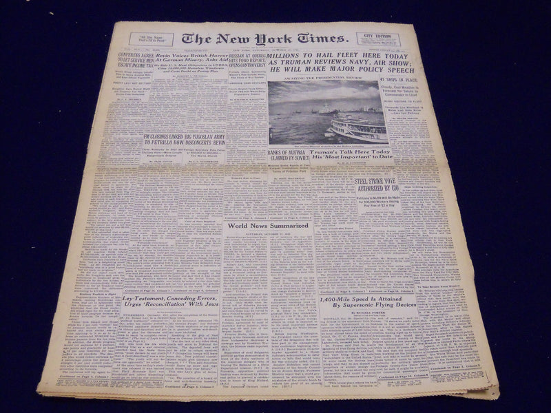 1945 OCT 27 NEW YORK TIMES - MILLIONS TO HAIL FLEET HERE TODAY - NT 246