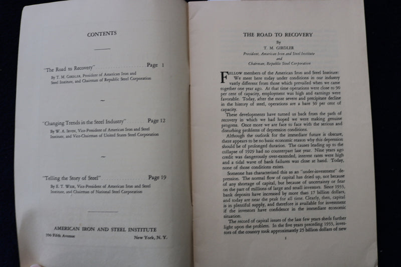 1938 WHERE DOES STEEL STAND? SOFTCOVER - THREE LEADERS SPEAK - K 1579