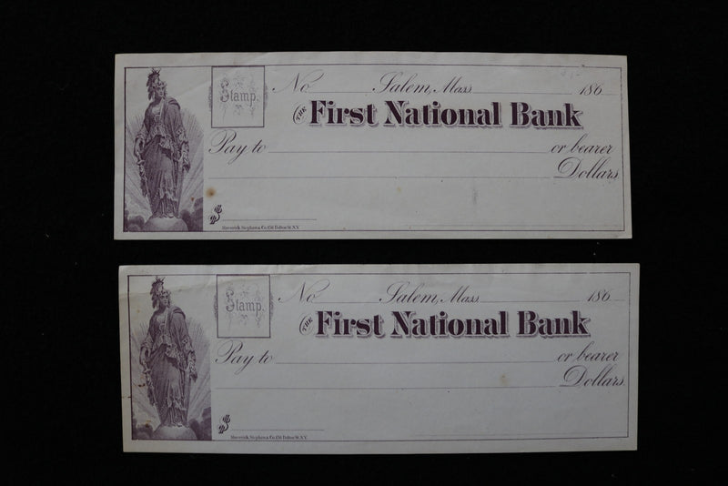 1860'S FIRST NATIONAL BANK BLANK CHECKS - LOT OF 2 - SALEM, MA - K 2769