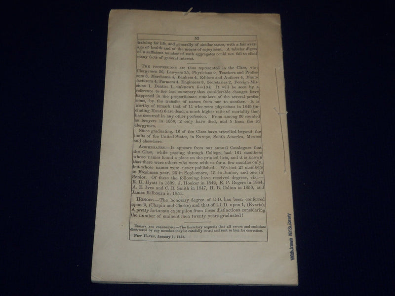 1858 YALE COLLEGE GRADUATE CLASS OF 1837 CATALOGUE - SP 2614