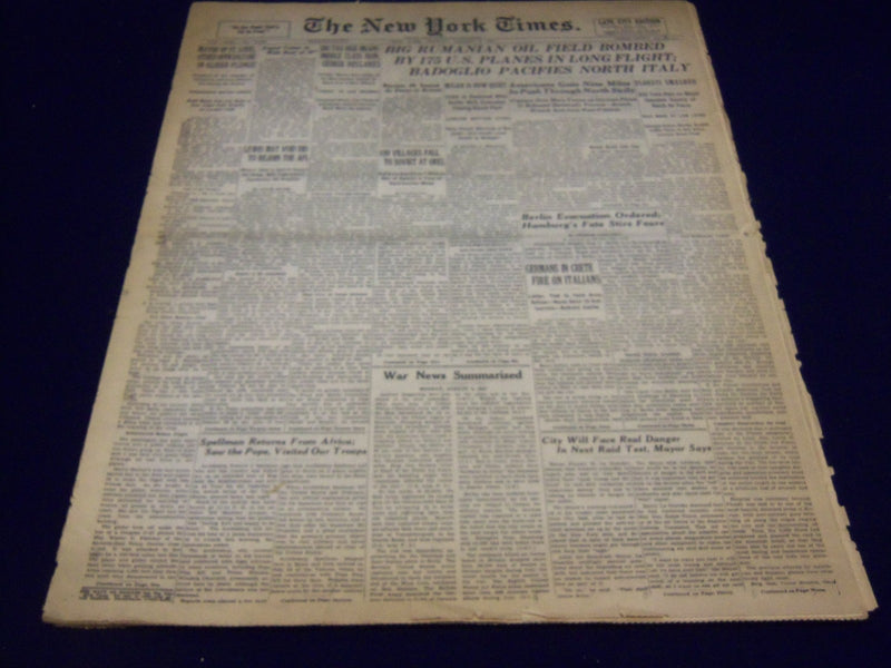 1943 AUG 2 NEW YORK TIMES - RUMANIAN OIL FIELD BOMBED BY U. S. PLANES - NT 1781