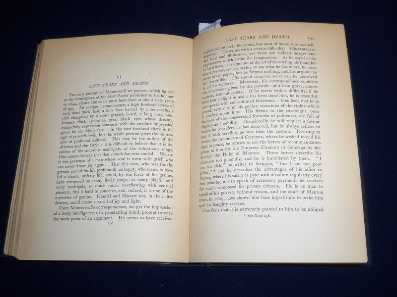 1926 MONTEVERDI HIS LIFE & WORK BOOK BY HENRY PRUNIERES & PROGRAM - KD 1417B