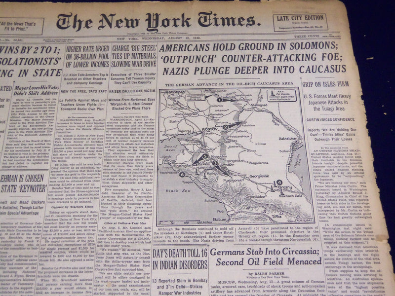 1942 AUGUST 12 NEW YORK TIMES - AMERICANS HOLD GROUND IN SOLOMNS - NT 931