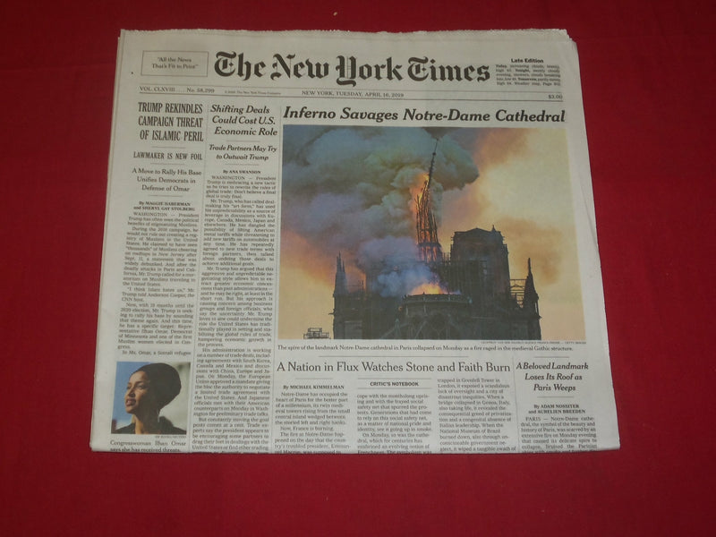 2019 APRIL 16 NEW YORK TIMES - INFERNO SAVAGES NOTRE-DAME CATHEDRAL