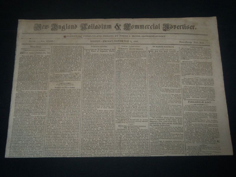 1826 NOVEMBER 3 NEW ENGLAND PALLADIUM & COMMERCIAL ADVERTISER - NP 3979
