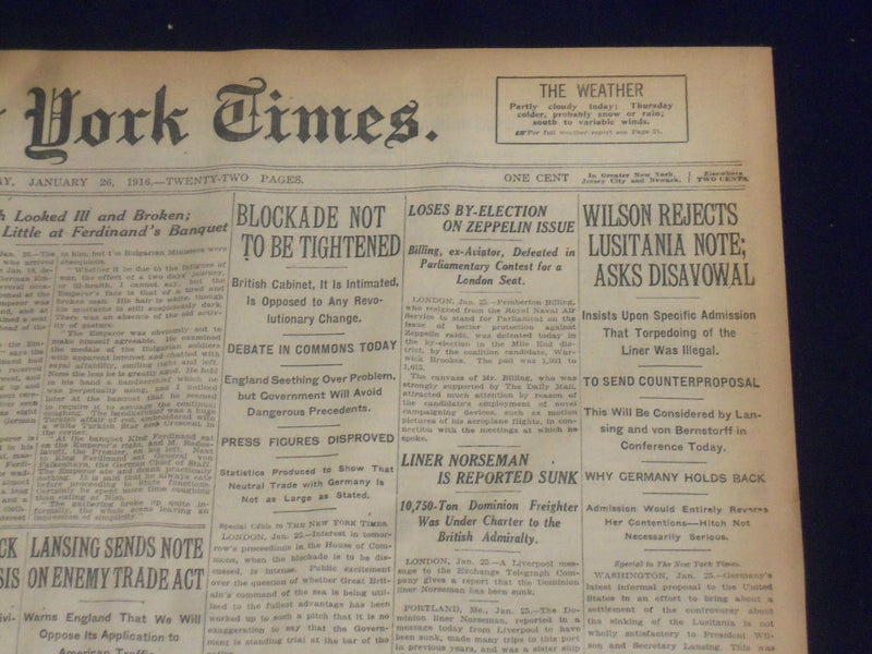 1916 JANUARY 26 NEW YORK TIMES - WILSON REJECTS LUSITANIA NOTE - NT 9065