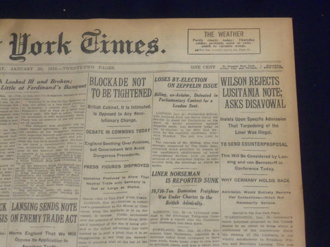 1916 JANUARY 26 NEW YORK TIMES - WILSON REJECTS LUSITANIA NOTE - NT 9065