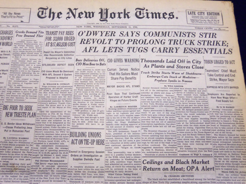 1946 SEPT 11 NEW YORK TIMES NEWSPAPER O'DWYER SAYS COMMUNISTS STIR REVOLT- NT 51