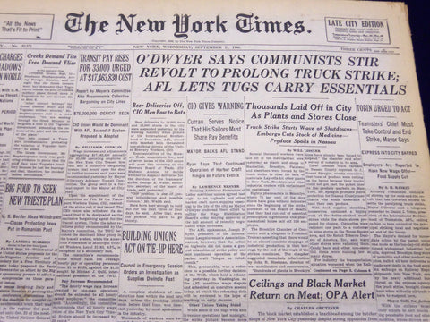 1946 SEPT 11 NEW YORK TIMES NEWSPAPER O'DWYER SAYS COMMUNISTS STIR REVOLT- NT 51