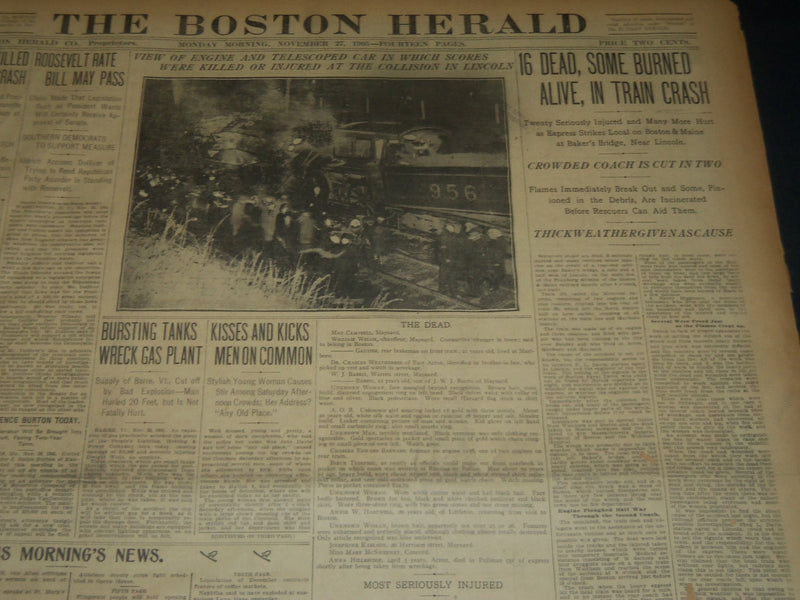 1905 NOVEMBER 27 THE BOSTON HERALD NEWSPAPER - 16 DEAD IN TRANI CRASH - BH 266