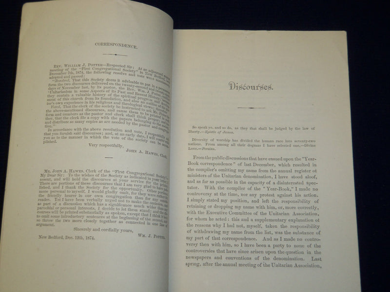 1874 NEW BEDFORD UNITARIANISM DISCOURSES BOOK BY WILLIAM J. POTTER - J 4553