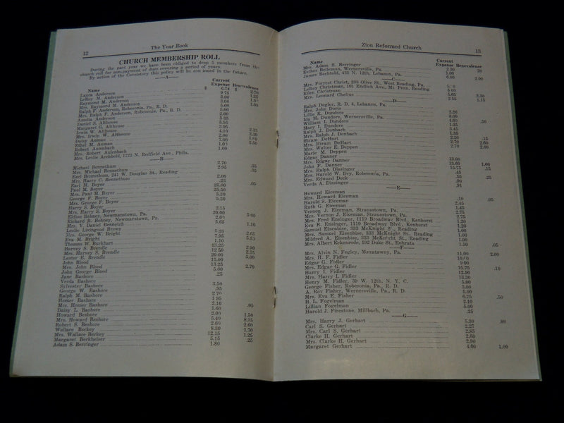 1939 ZION REFORMED CHURCH THE YEAR BOOK SCHEDULE FOR 1940 - J 7409
