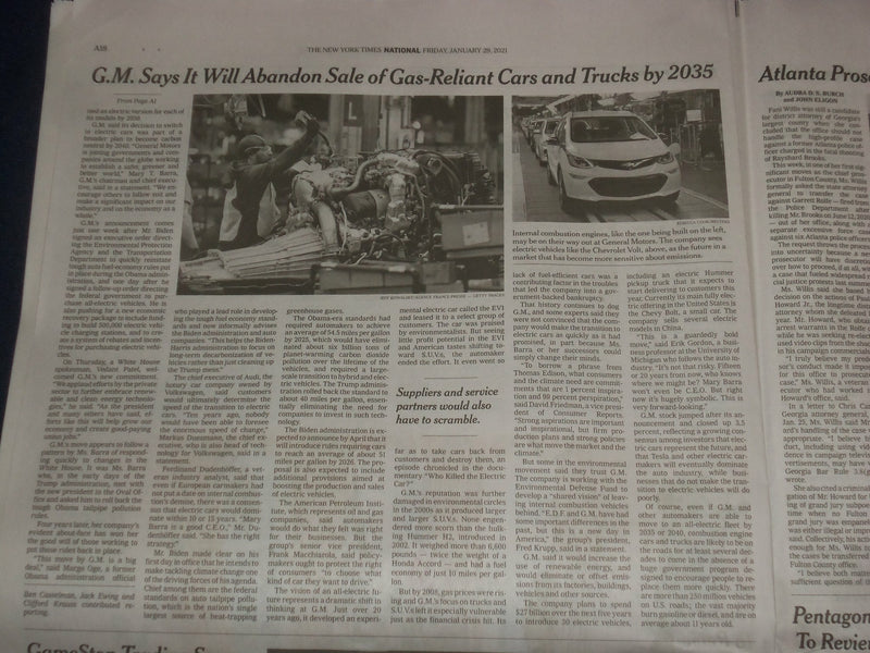 2021 JANUARY 29 NEW YORK TIMES - GM TO ABANDON CARS AND TRUCKS USING GAS BY 2035