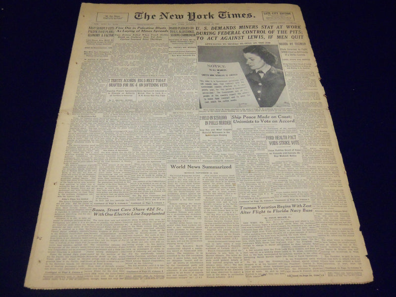 1946 NOVEMBER 18 NEW YORK TIMES - U. S. DEMANDS MINERS STAY AT WORK - NT 848