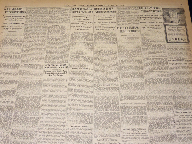 1916 JUNE 16 NEW YORK TIMES - DEMOCRATS RENOMINATE WILSON & MARSHALL - NT 8615
