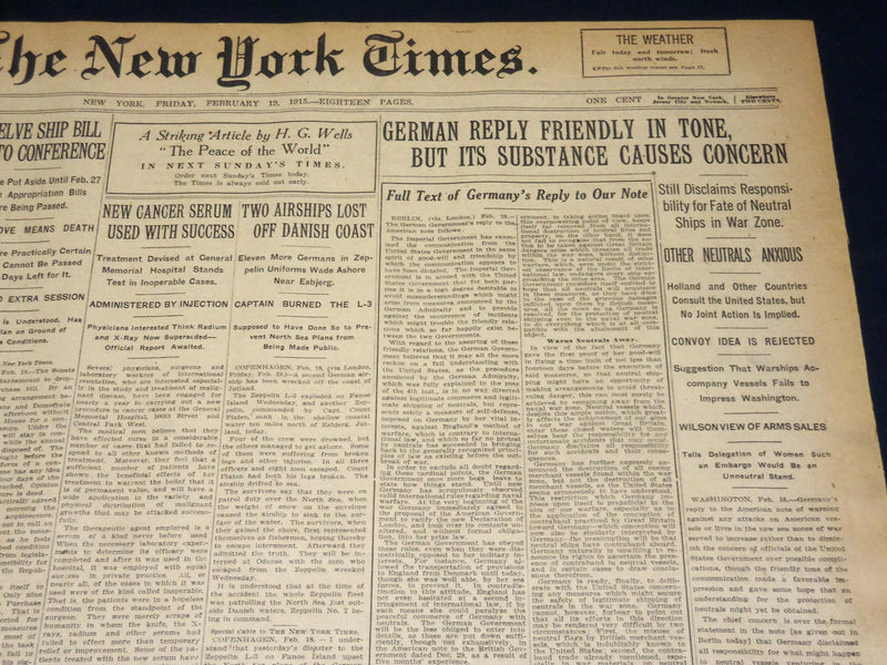 1915 FEB 19 NEW YORK TIMES - GERMAN REPLY FRIENDLY SUBSTANCE CONCERN - NT 7777