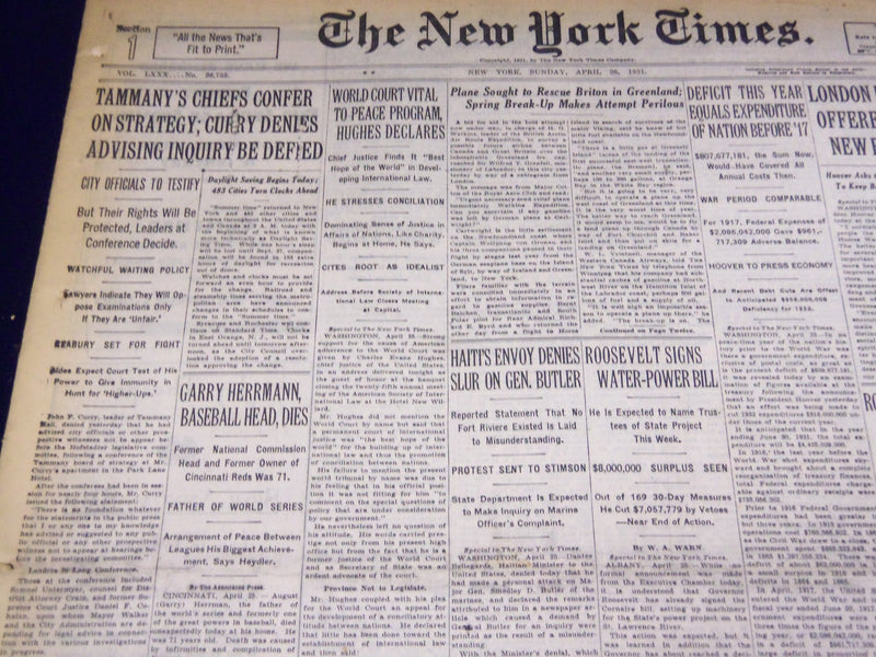1931 APRIL 26 NEW YORK TIMES - GARRY HERRMANN BASEBALL HEAD DIES AT 71 - NT 2449