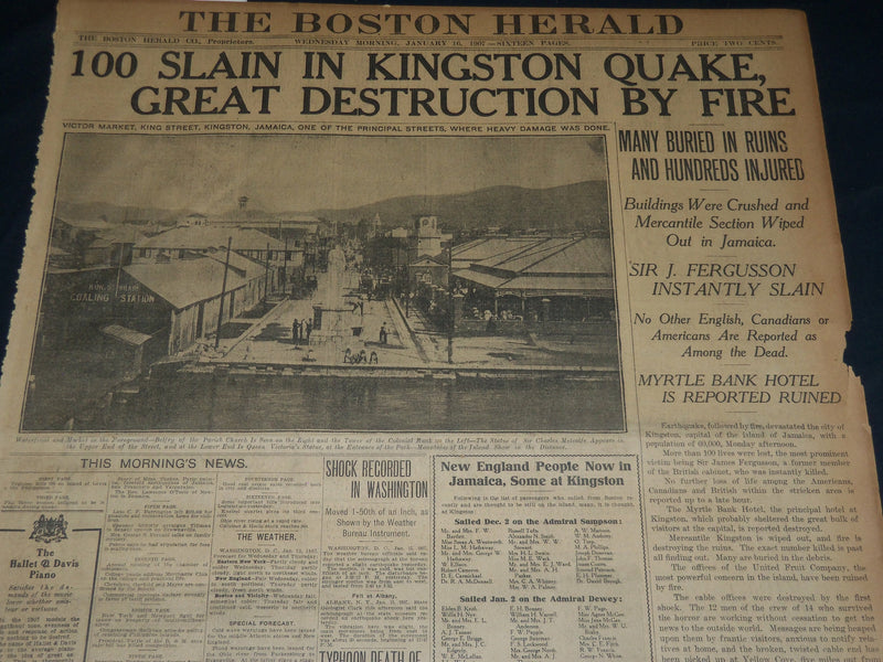 1907 JANUARY 16 THE BOSTON HERALD - 100 SLAIN IN KINGSTON QUAKE - BH 327