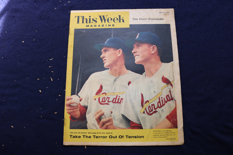 1958 APR 27 THIS WEEK MAGAZINE - LINDY & VON MCDANIEL - BASEBALL COVER - E 22915