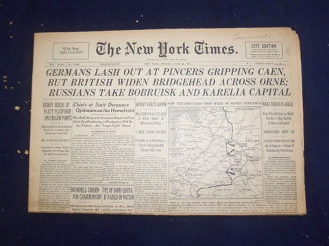 1944 JUNE 30 NEW YORK TIMES -GERMANS LASH OUT AT PINCERS GRIPPING CAEN - NP 6581