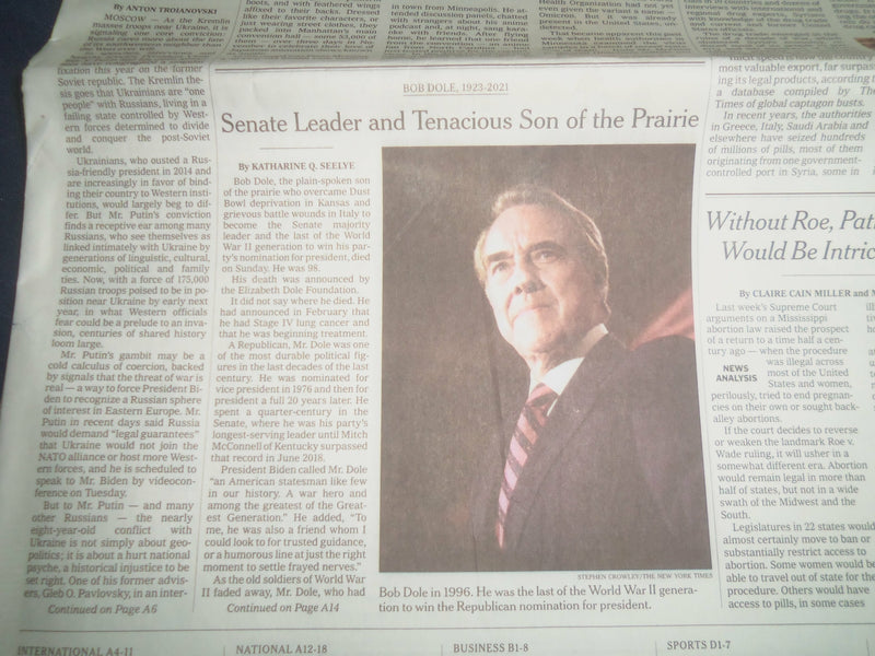 2021 DECEMBER 6 NEW YORK TIMES - BOB DOLE DIED (1923-2021)
