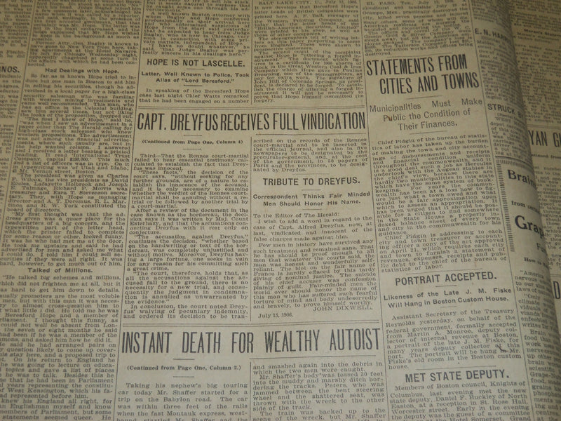 1906 JULY 13 THE BOSTON HERALD - CAPT. DREYFUS RECEIVES FULL VINDICATION- BH 82