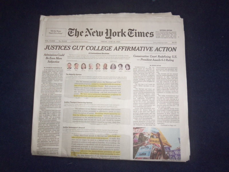2023 JUNE 30 NEW YORK TIMES - JUSTICES GUT COLLEGE AFFIRMATIVE ACTION