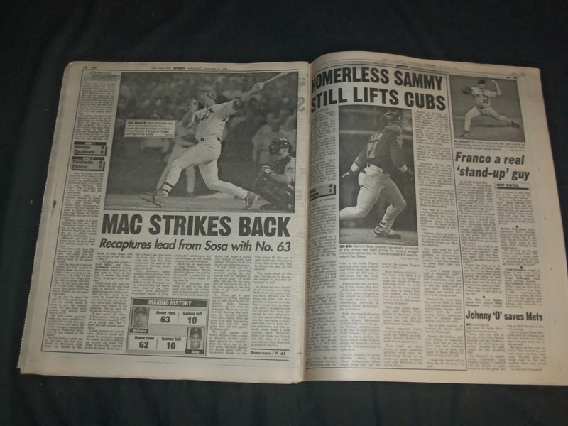 1998 SEPTEMBER 16 NEW YORK POST NEWSPAPER - MARK MCGWIRE HITS HR 63 - NP 4129