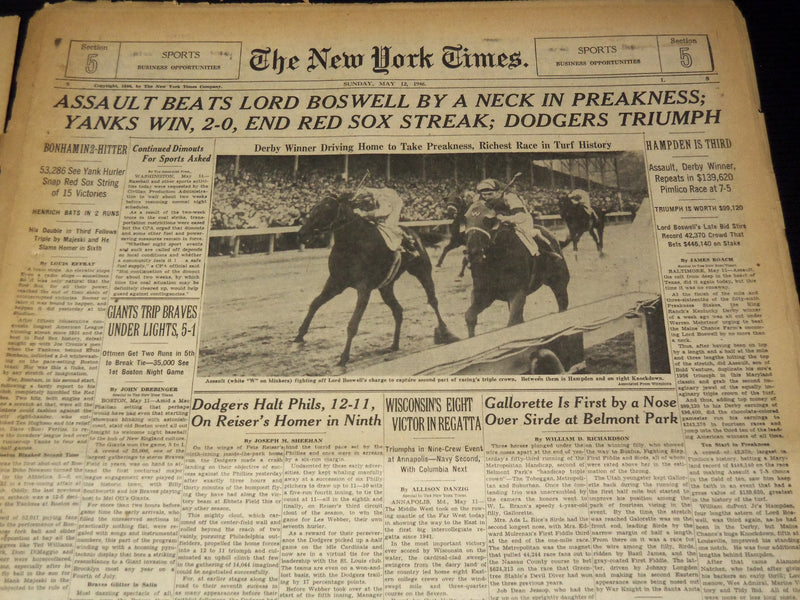1931-1952 NEW YORK TIMES PREAKNESS WINNERS SPORTS SECTIONS LOT OF 18 - NTL 16F