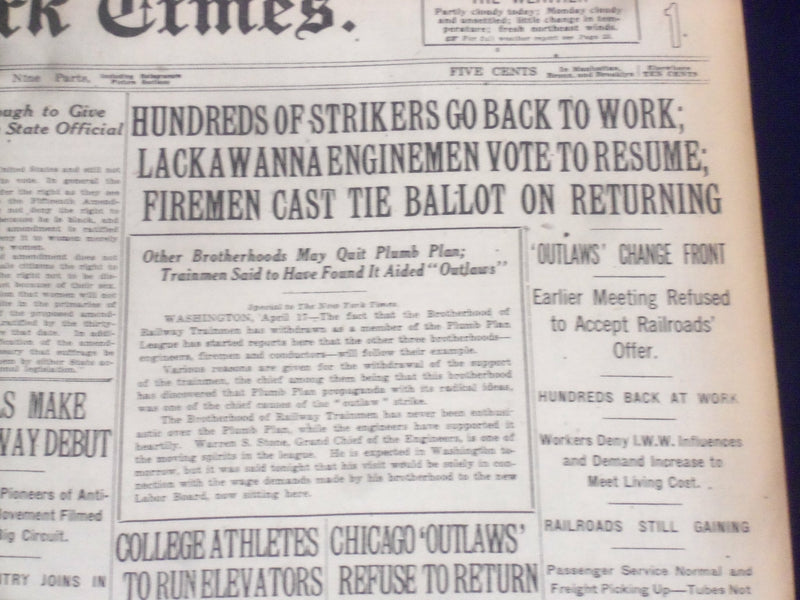 1920 APRIL 18 NEW YORK TIMES - LACKAWANNA ENGINEMEN VOTE TO RESUME - NT 8301