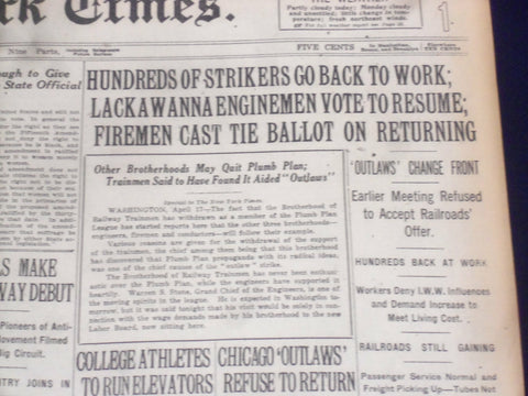 1920 APRIL 18 NEW YORK TIMES - LACKAWANNA ENGINEMEN VOTE TO RESUME - NT 8301