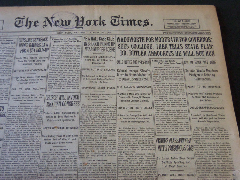 1926 AUGUST 21 NEW YORK TIMES - WADSWORTH FOR MODERATE FOR GOVERNOR - NT 5595