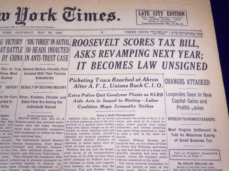 1938 MAY 28 NEW YORK TIMES - ROOSEVELT SCORES TAX BILL, REVAMPING - NT 689