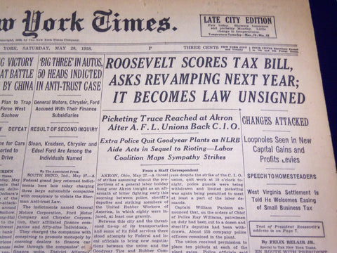 1938 MAY 28 NEW YORK TIMES - ROOSEVELT SCORES TAX BILL, REVAMPING - NT 689