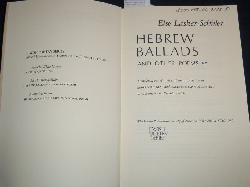 1980 HEBREW BALLADS AND OTHER POEMS BOOK BY ELSE LASKER-SHULER - J 8661