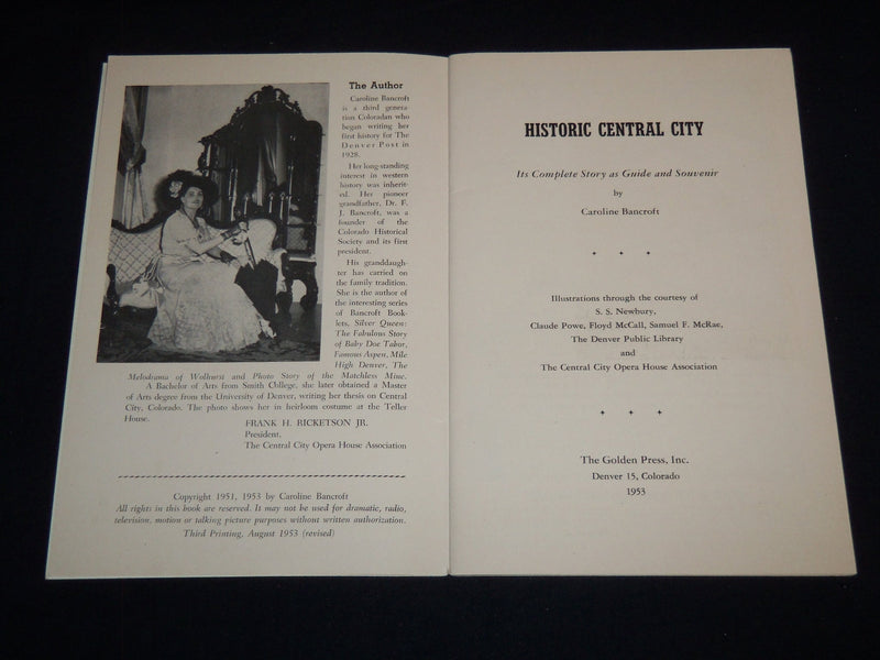 1953 HISTORIC CENTRAL CITY BY CAROLINE BANCROFT - PAST AND PRESENT - J 8797