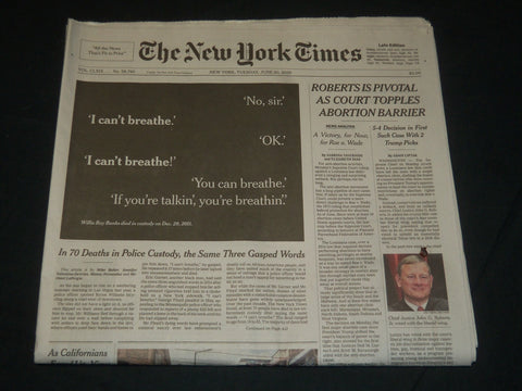 2020 JUNE 30 NEW YORK TIMES - ROBERTS IS PIVOTAL COURT TOPPLES ABORTION BARRIER