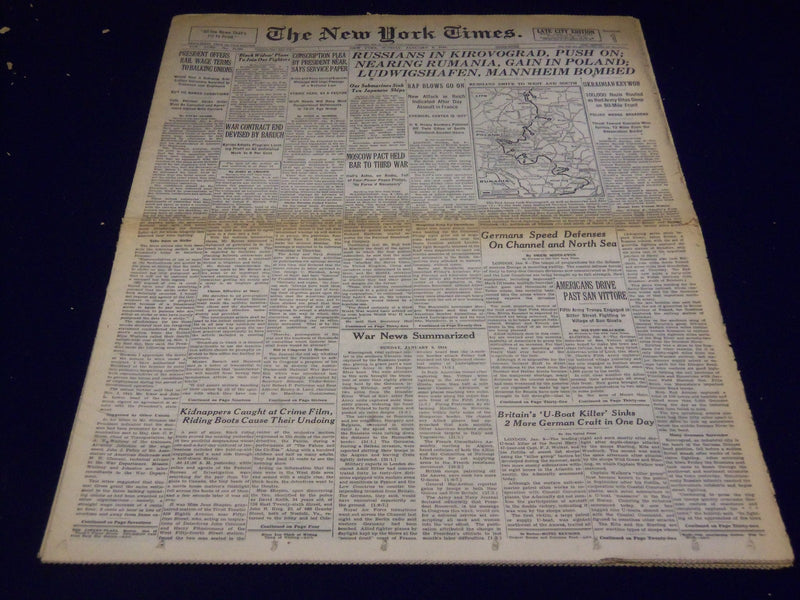 1944 JANUARY 9 NEW YORK TIMES - RUSSIANS NEAR RUMANIA GAIN IN POLAND - NT 2590