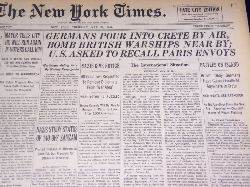 1941 MAY 22 NEW YORK TIMES - GERMAN'S POUR INTO CRETE BY AIR - NT 1455