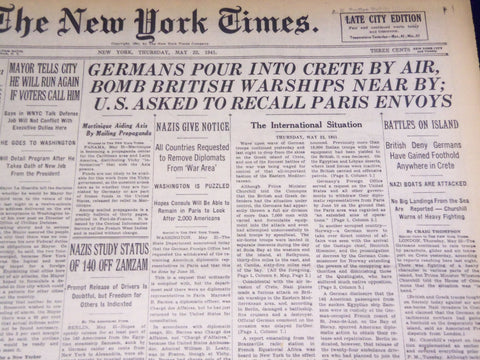 1941 MAY 22 NEW YORK TIMES - GERMAN'S POUR INTO CRETE BY AIR - NT 1455