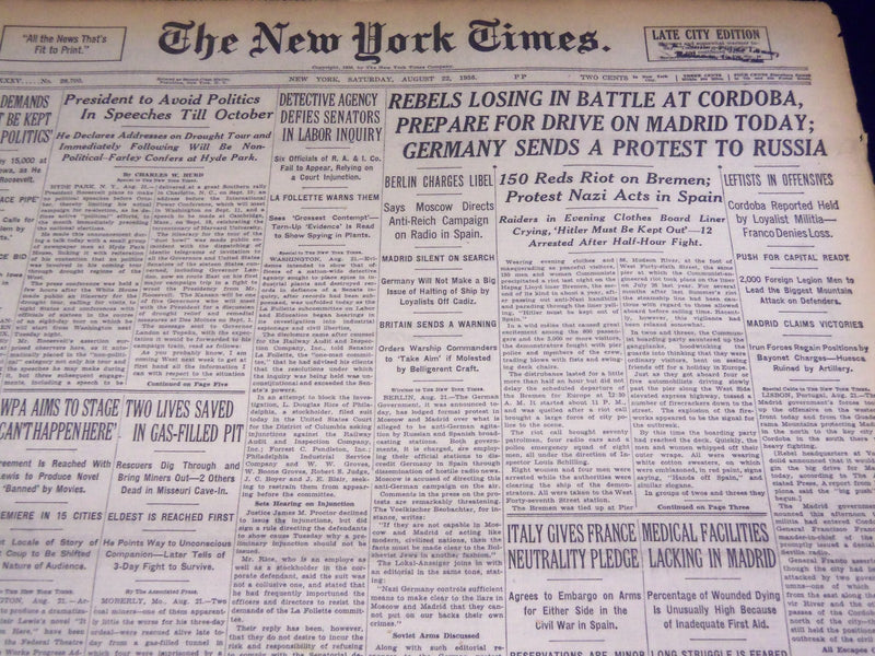 1936 AUGUST 22 NEW YORK TIMES - REBELS LOSING IN BATTLE AT CORDOBA - NT 2070
