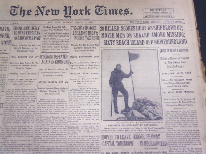 1931 MARCH 17 NEW YORK TIMES - 20 KILLED AS VIKING BLOWS UP - NT 5035