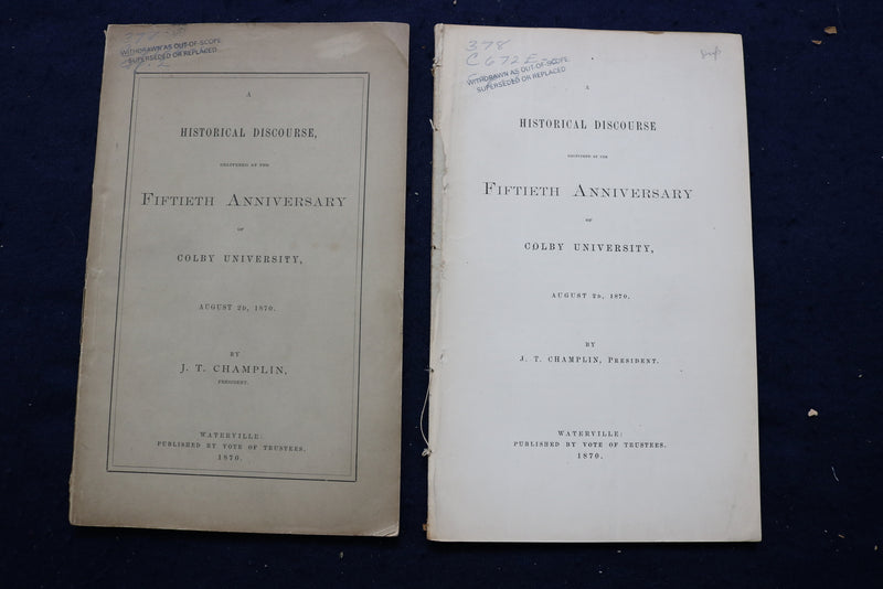 1870 COLBY UNIVERSITY 50TH ANNIVERSARY DICOURSE SOFTCOVER - LOT OF 2 - K 846