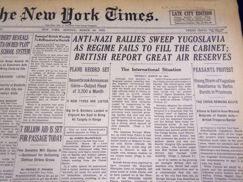1941 MARCH 24 NEW YORK TIMES - ANTI-NAZI RALLIES SWEEP YUGOSLAVIA - NT 1300